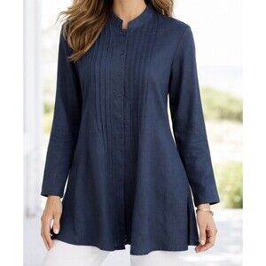 NEW Willi Smith Linen Pintuck Button up Tunic Size 12 Side Slits Denim Blue